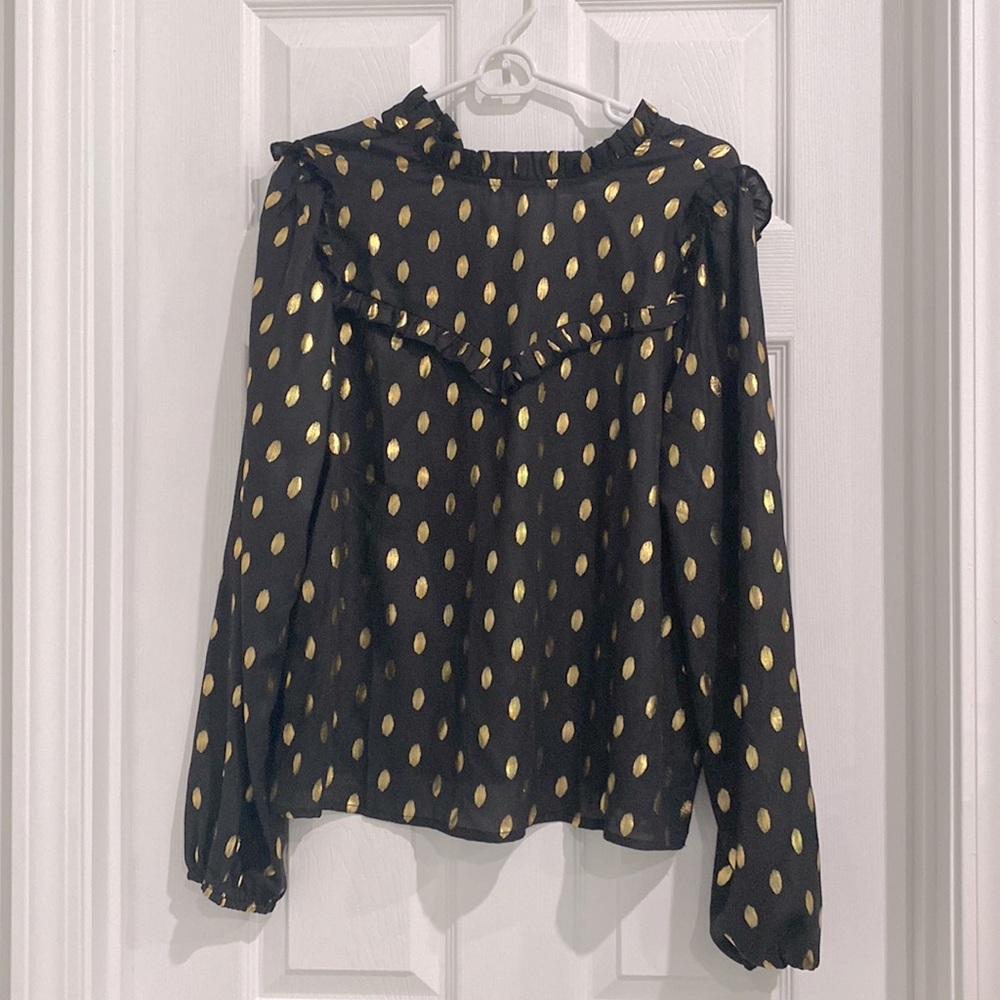 NWOT - SOLY HUX Women's Long Sleeve Elegant Blouse; black & gold Polk dot
